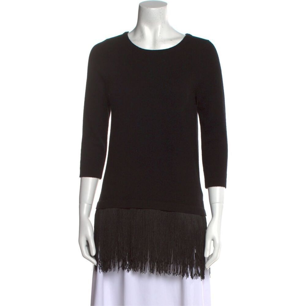 Neiman Marcus Black Cashmere 3/4 Sleeve Fringe Tunic Sweater